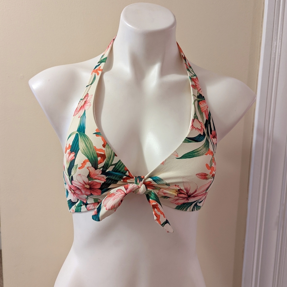 Carmen Marc Valvo cream with tropical flowers halter bikini top.